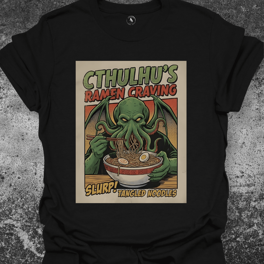 T-Shirt Black / S Cthulhu Ramen | Funny Lovecraft Food Parody Graphic Tee | Monster Noodles Shirt
