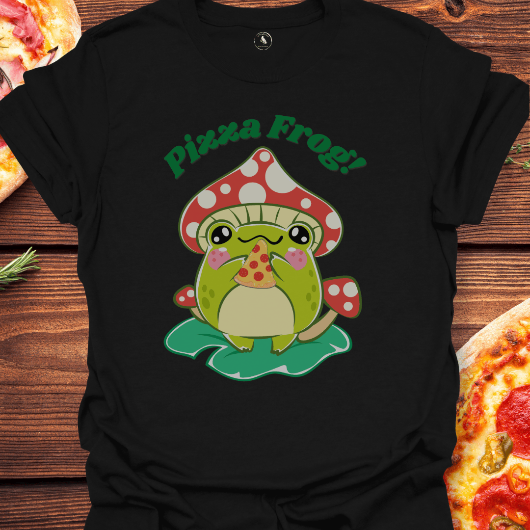 T-Shirt Black / S Pizza Frog T-Shirt — Cute Mushroom Frog Eating Pizza Graphic Tee