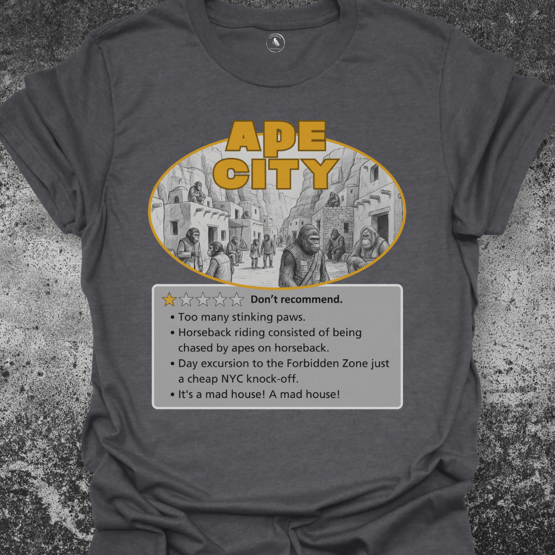T-Shirt Dark Heather / S Ape City Review | Funny Sci-Fi Parody Graphic Tee