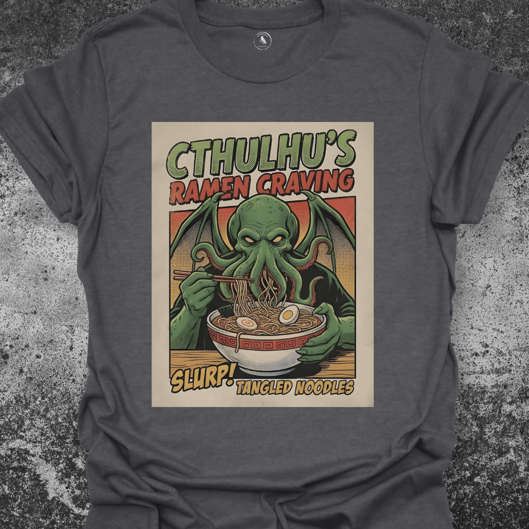 T-Shirt Dark Heather / S Cthulhu Ramen | Funny Lovecraft Food Parody Graphic Tee | Monster Noodles Shirt