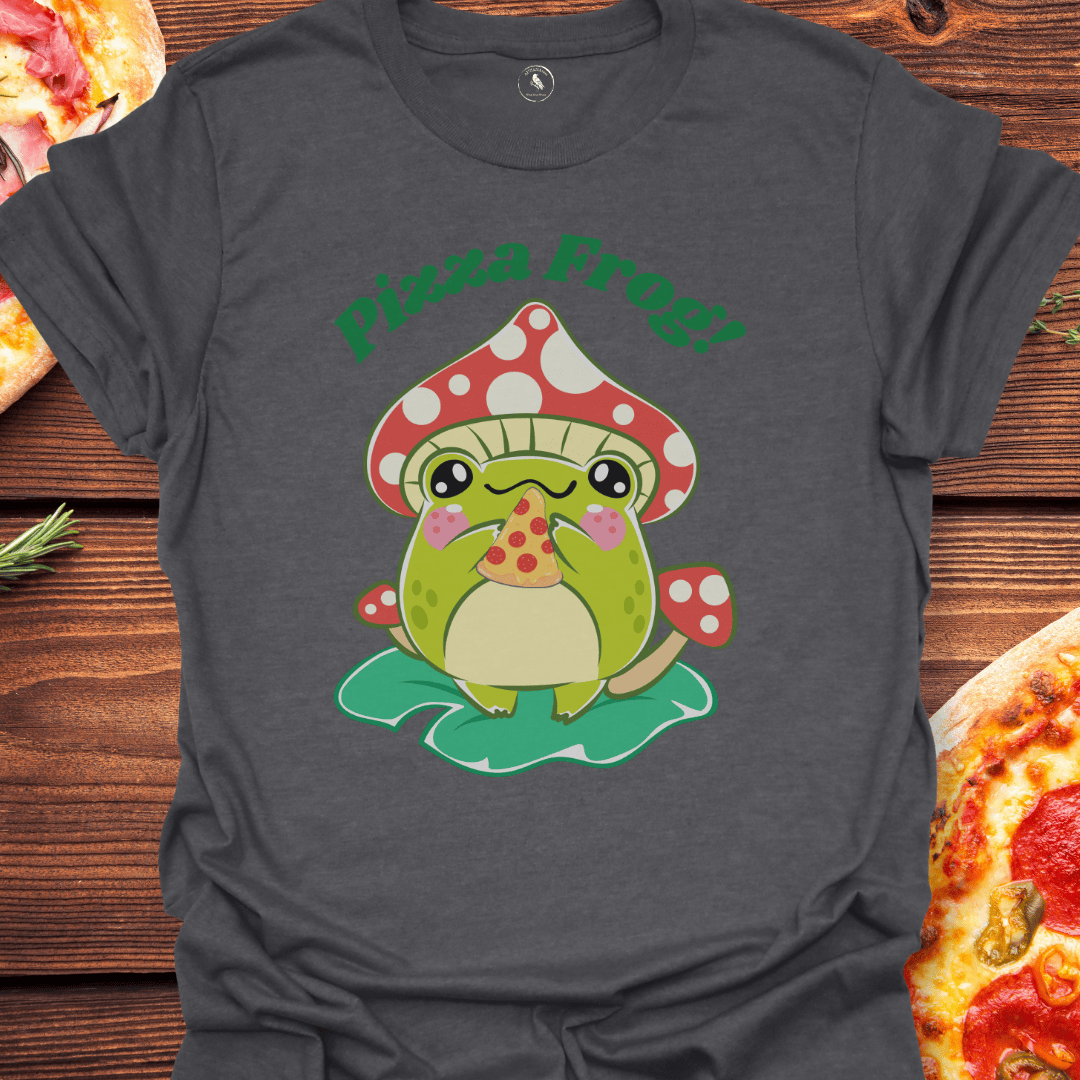 T-Shirt Dark Heather / S Pizza Frog T-Shirt — Cute Mushroom Frog Eating Pizza Graphic Tee