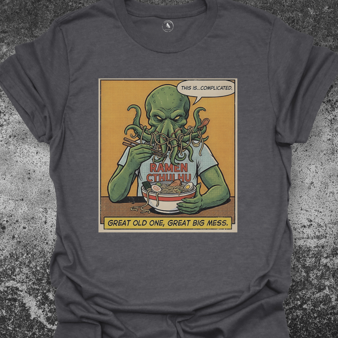 T-Shirt Dark Heather / S Ramen Cthulhu T-Shirt | Funny Cosmic Horror Food Parody | Comic Style Monster Tee