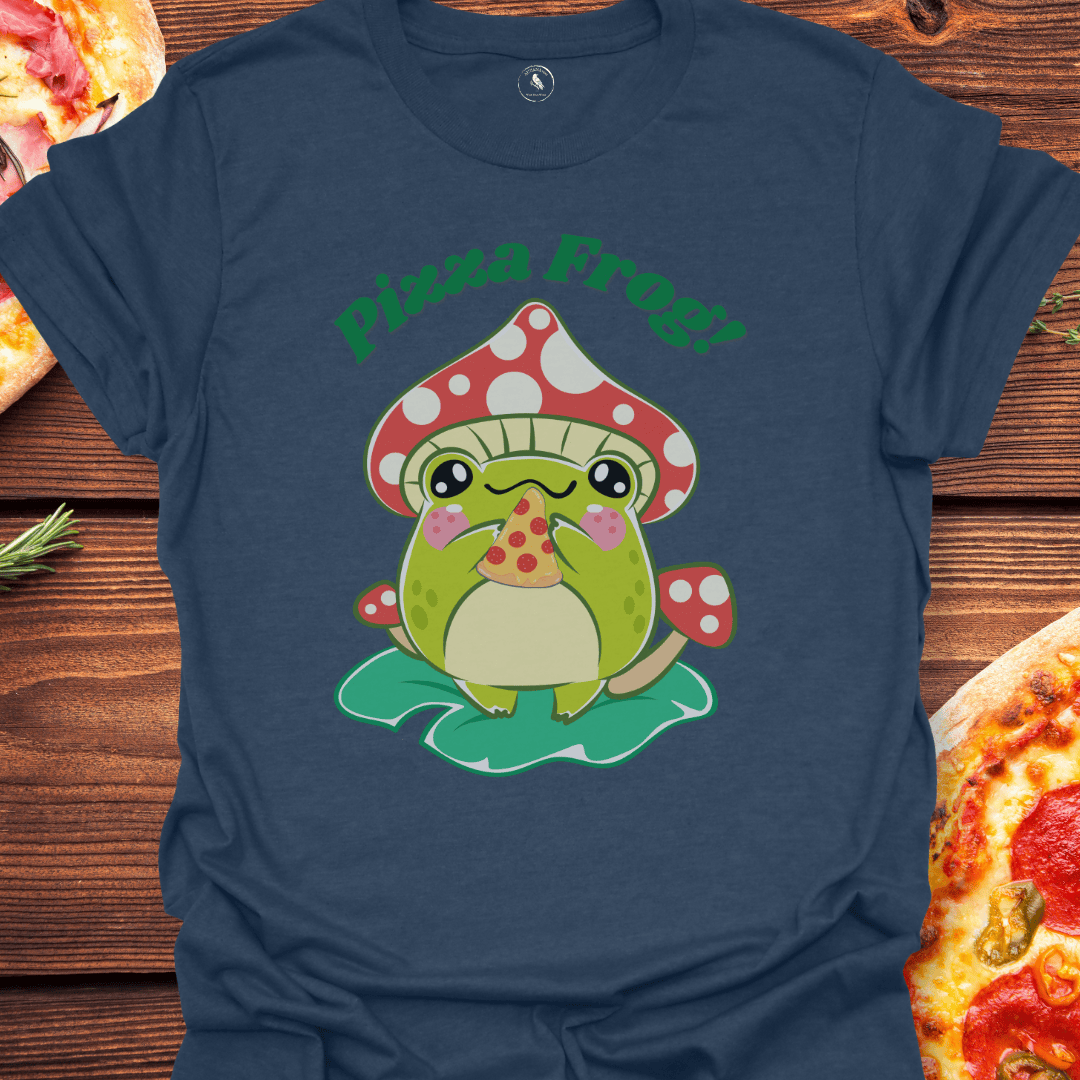 T-Shirt Heather Navy / S Pizza Frog T-Shirt — Cute Mushroom Frog Eating Pizza Graphic Tee