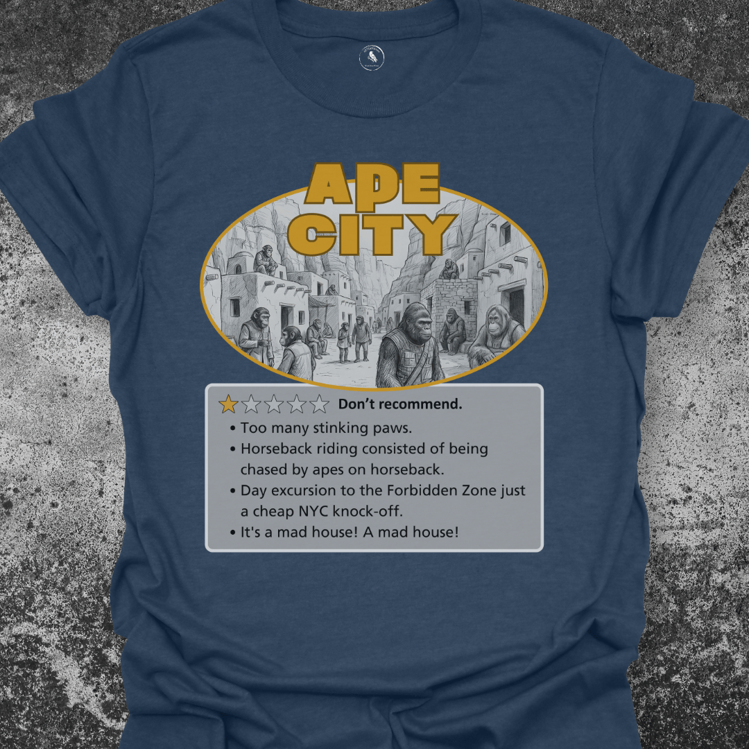 T-Shirt Indigo Heather / S Ape City Review | Funny Sci-Fi Parody Graphic Tee