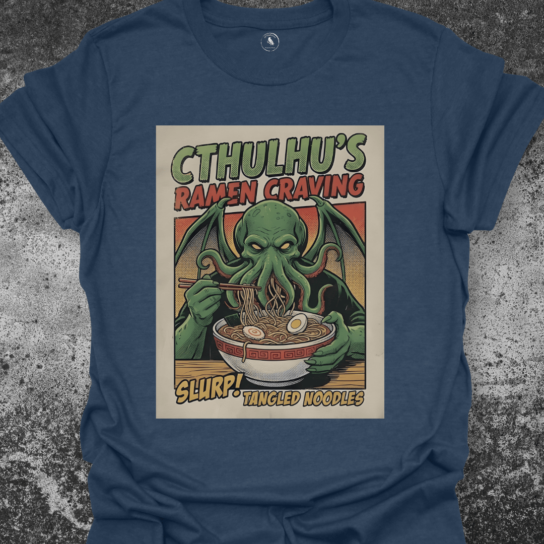 T-Shirt Indigo Heather / S Cthulhu Ramen | Funny Lovecraft Food Parody Graphic Tee | Monster Noodles Shirt