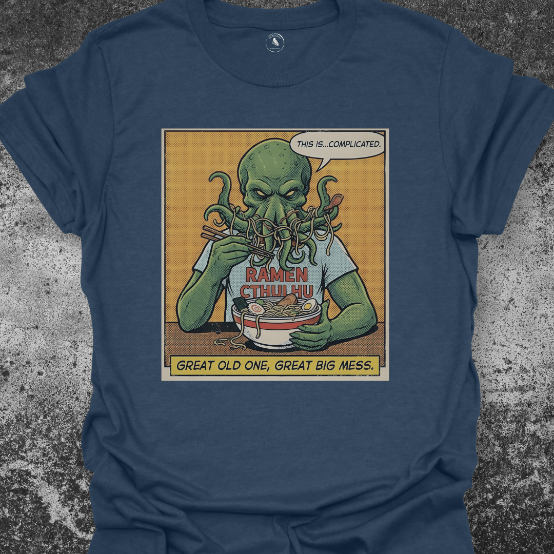 T-Shirt Indigo Heather / S Ramen Cthulhu T-Shirt | Funny Cosmic Horror Food Parody | Comic Style Monster Tee