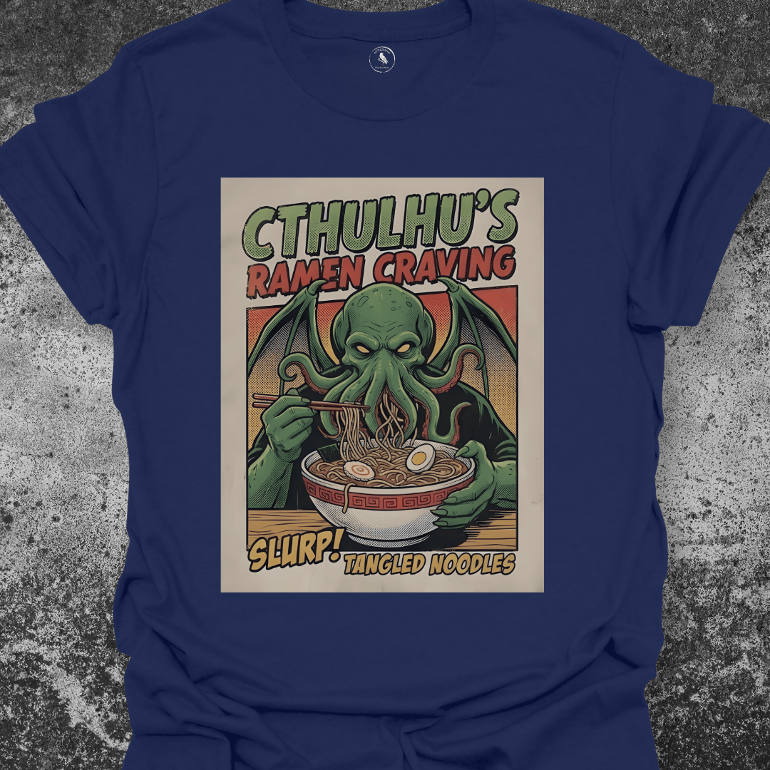 T-Shirt Navy Heather / S Cthulhu Ramen | Funny Lovecraft Food Parody Graphic Tee | Monster Noodles Shirt