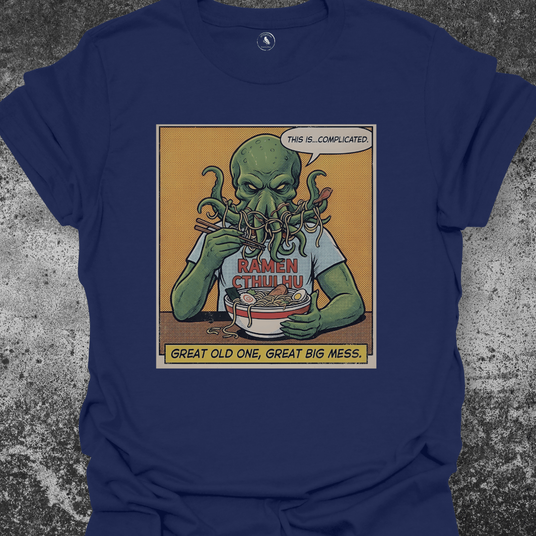 T-Shirt Navy Heather / S Ramen Cthulhu T-Shirt | Funny Cosmic Horror Food Parody | Comic Style Monster Tee