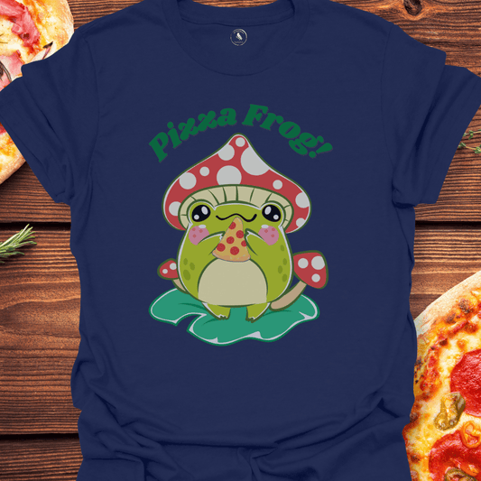 T-Shirt Navy / S Pizza Frog T-Shirt — Cute Mushroom Frog Eating Pizza Graphic Tee